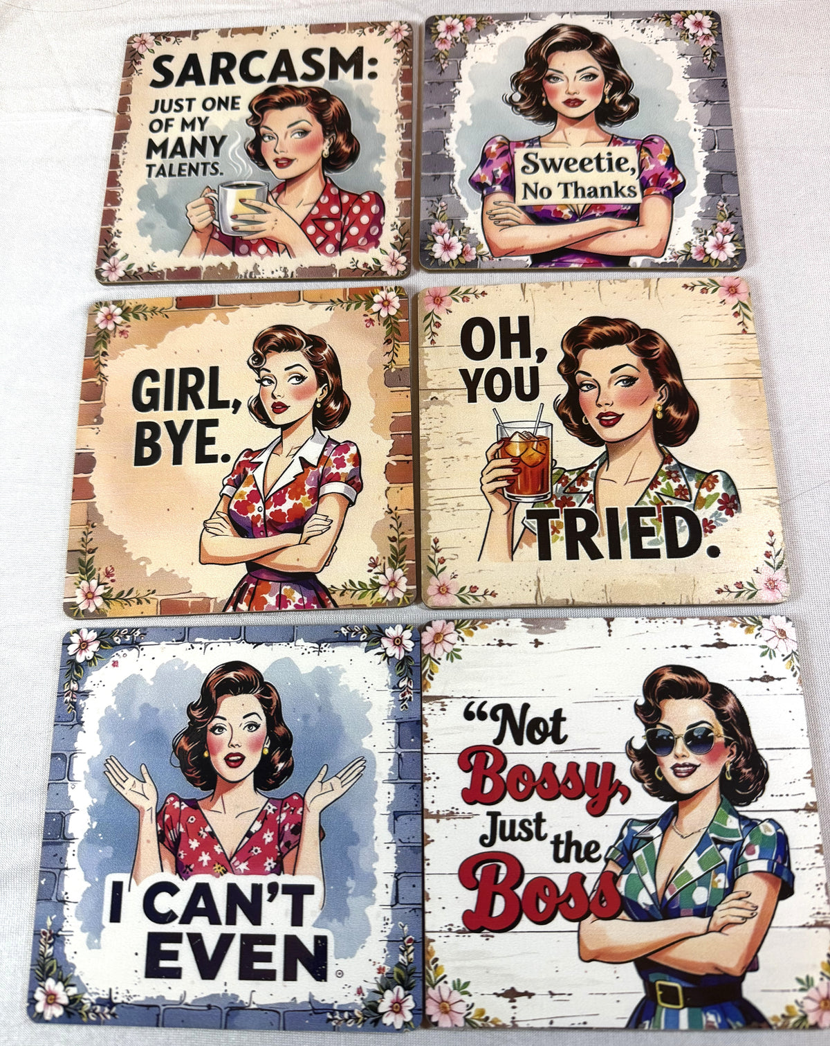 Coaster Set - Set of Six Retro Theme Coasters - Peppermint-Twist-Vintage.com