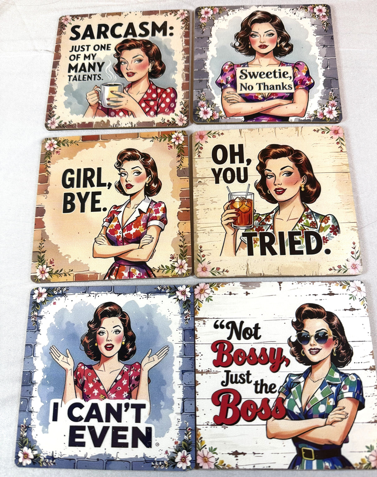 Coaster Set - Set of Six Retro Theme Coasters - Peppermint-Twist-Vintage.com