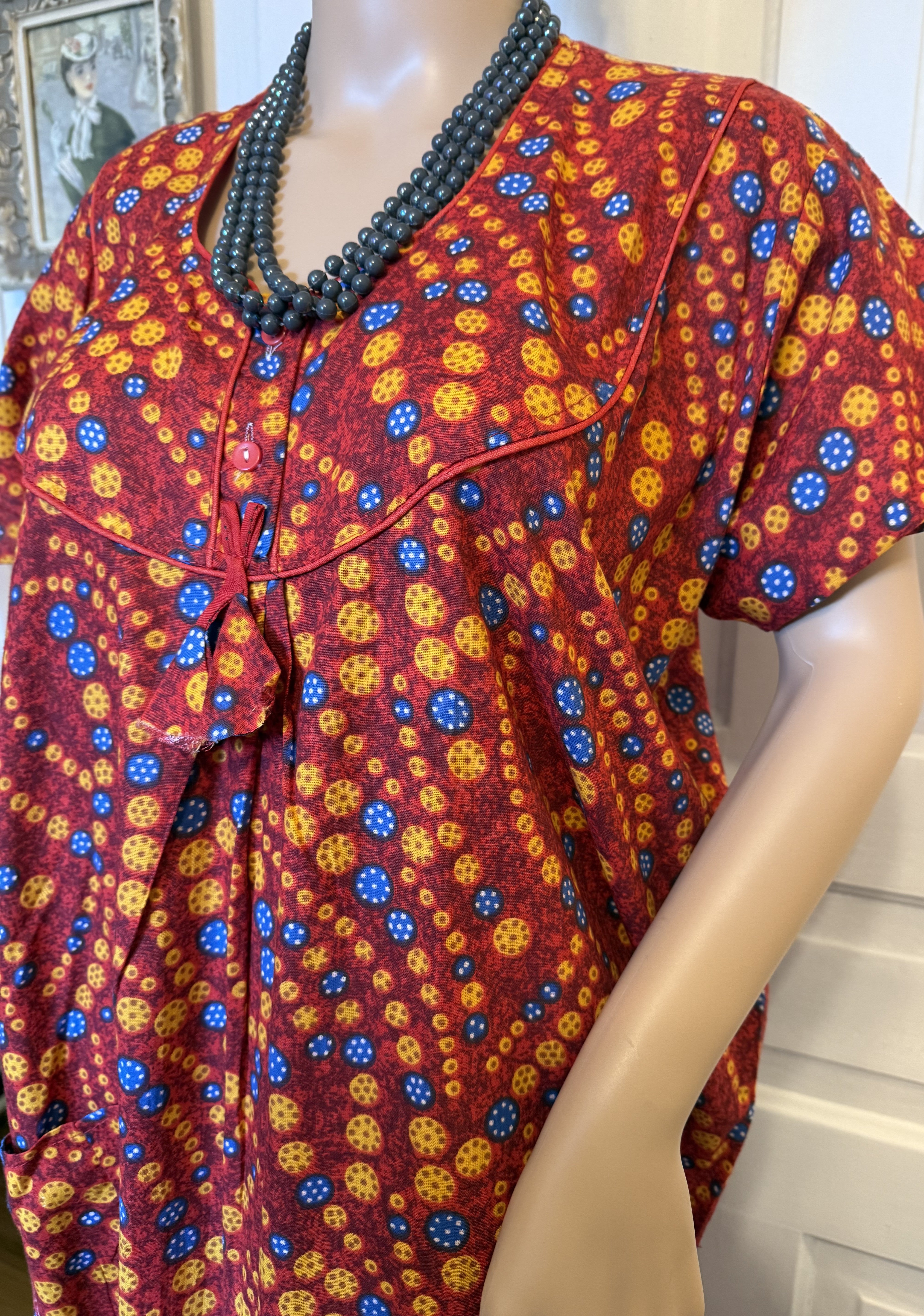 Pink, Yellow and Blue Floral Kaftan, Made in India, L- XL - Peppermint-Twist-Vintage.com