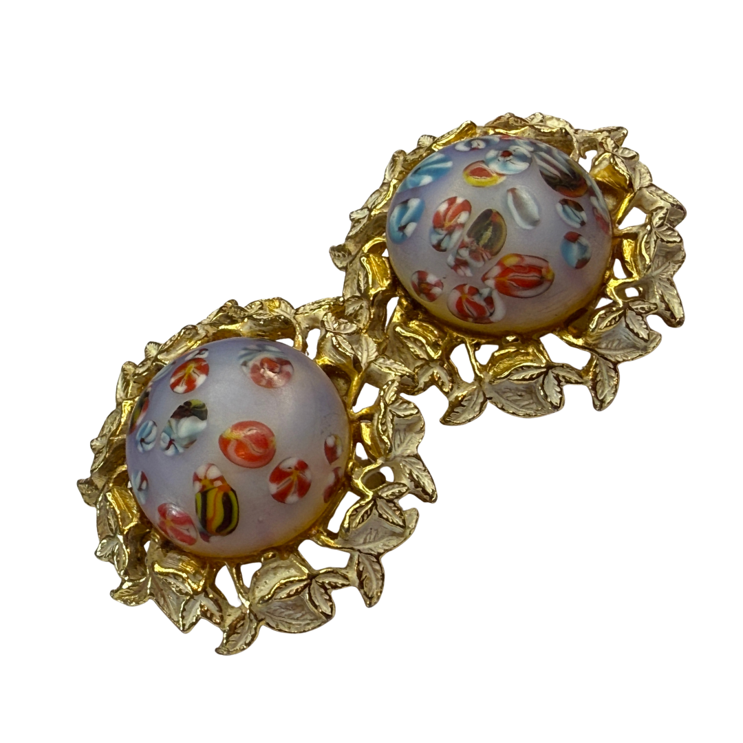 Gorgeous Vintage Millefiori Clip on Earrings - Patent Pending, 1960s Gorgeous - Peppermint-Twist-Vintage.com