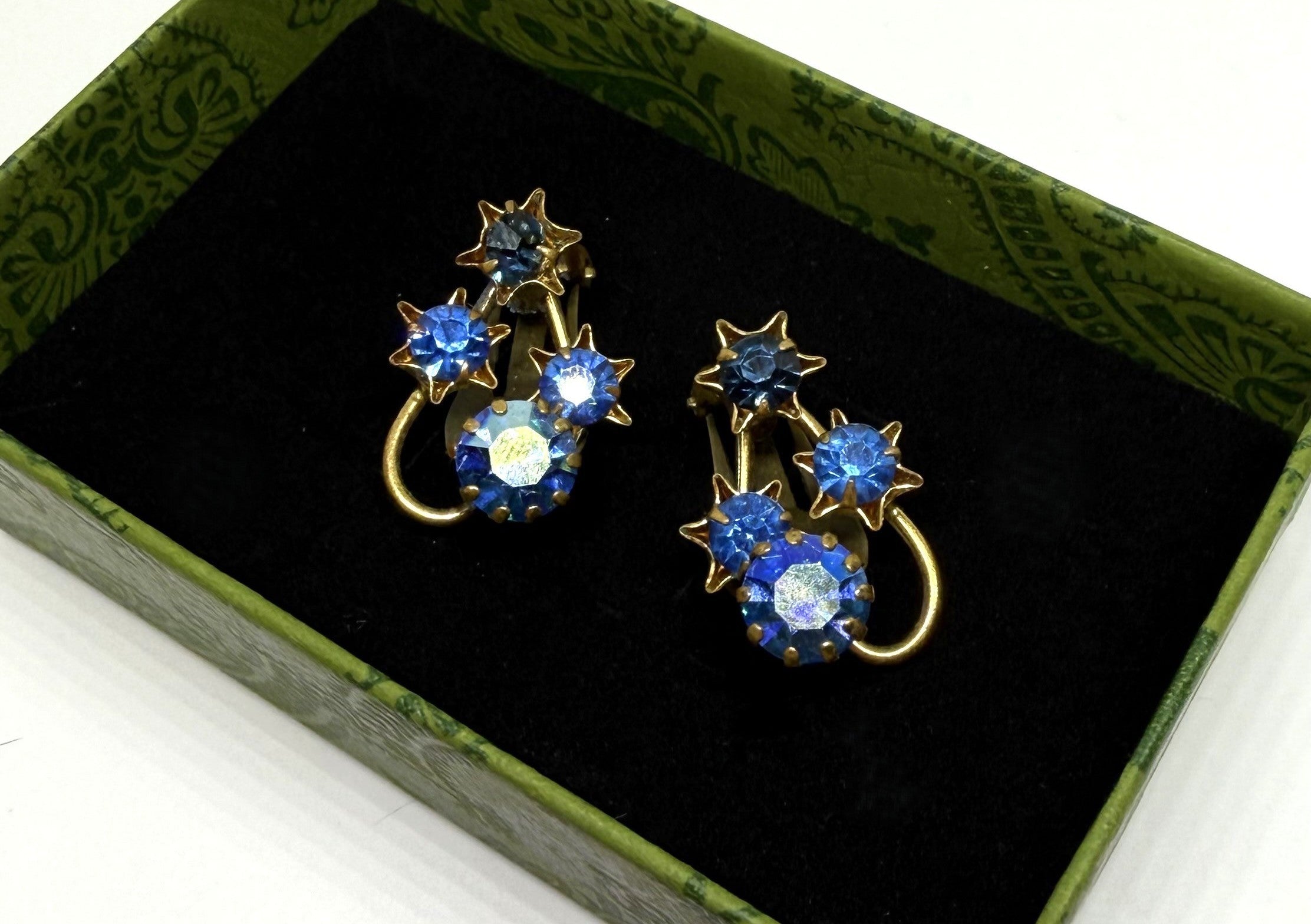 1940s Gold Tone Leaf Clip-On Earrings with Purple Aurora Borealis Stones, Made in Austria