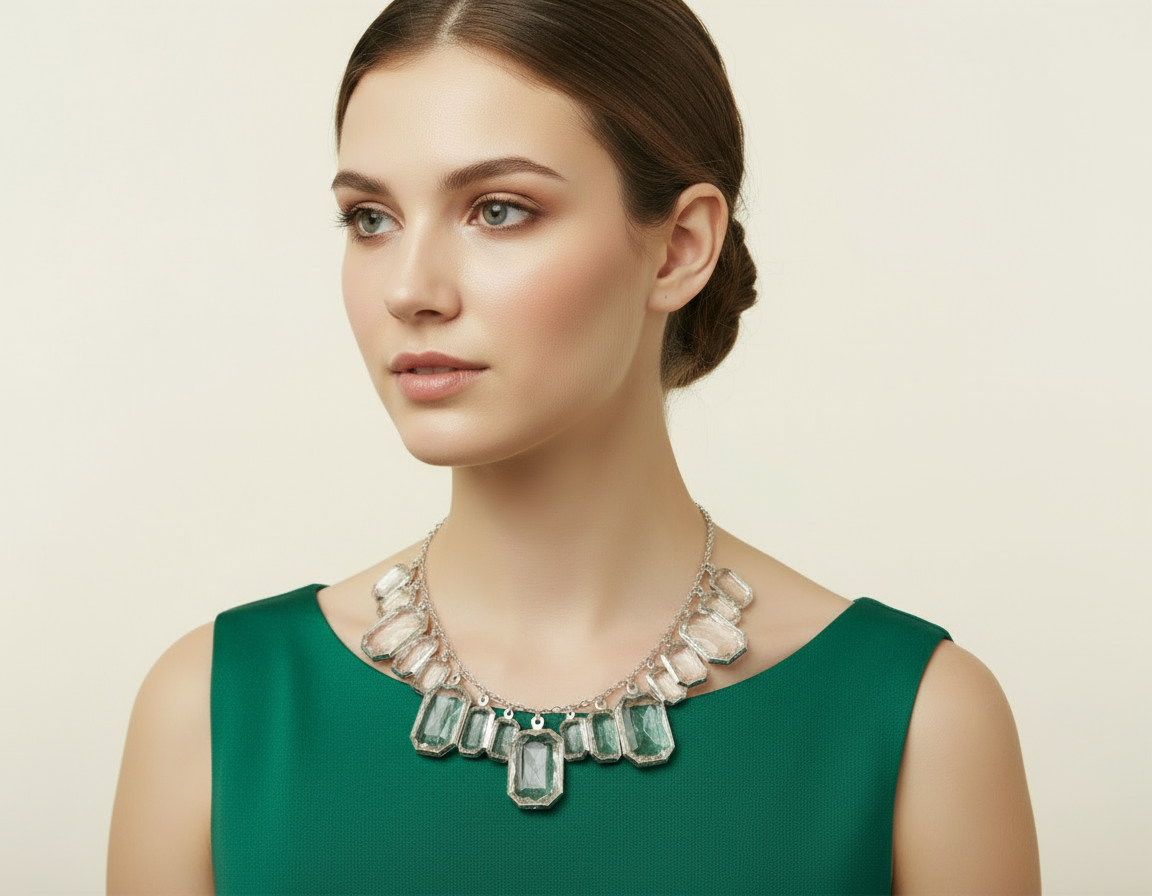 Avon Faceted Clear Bead Necklace with Colorful Dress