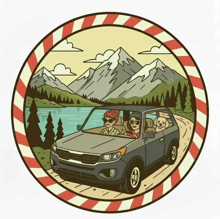 Badge with cartoon Labradoodle in window