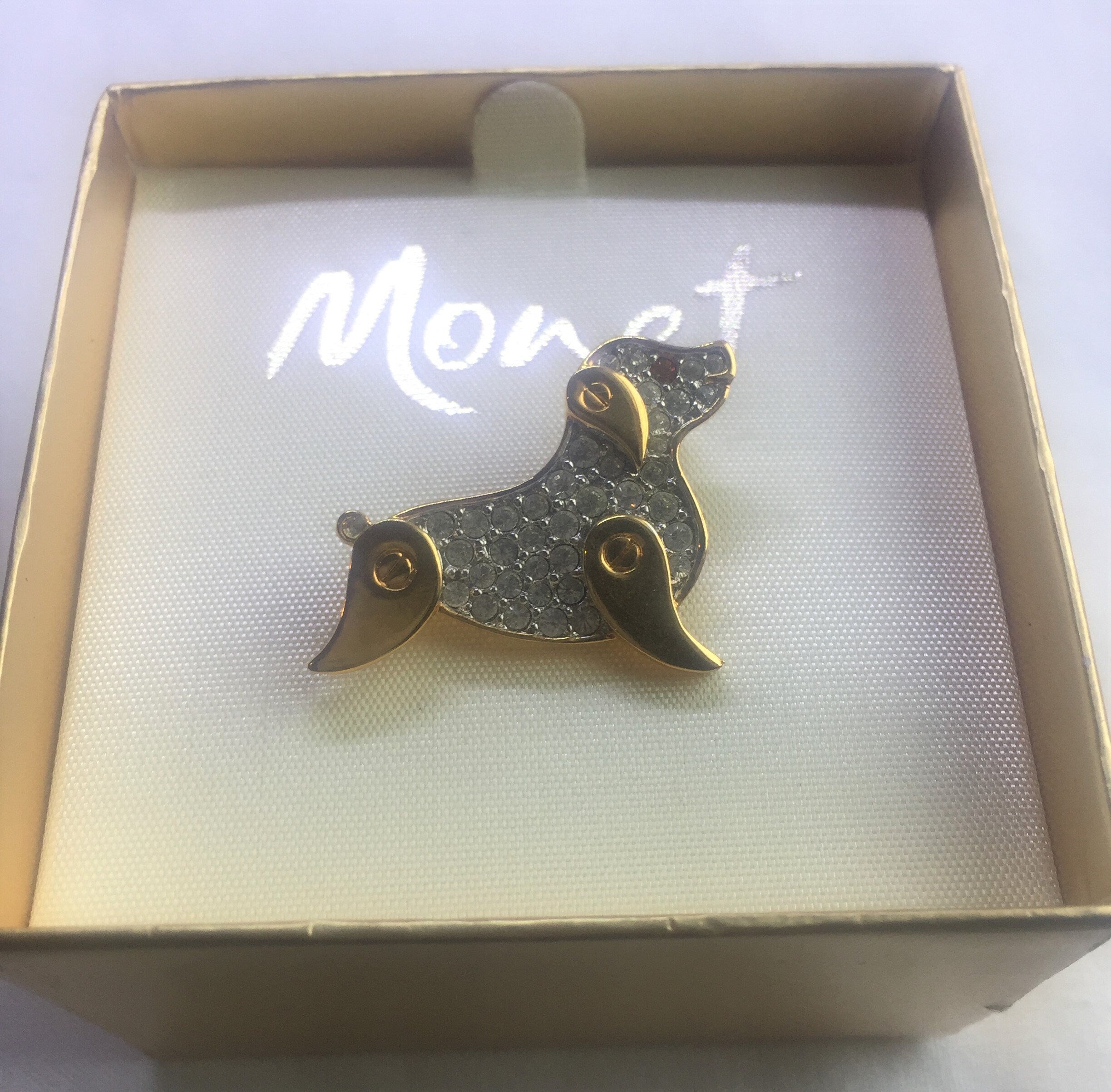Vintage Monet Gold Tone Dog Pin - NEW deadstock - never used in original BOX. A true collector's item - Peppermint-Twist-Vintage.com