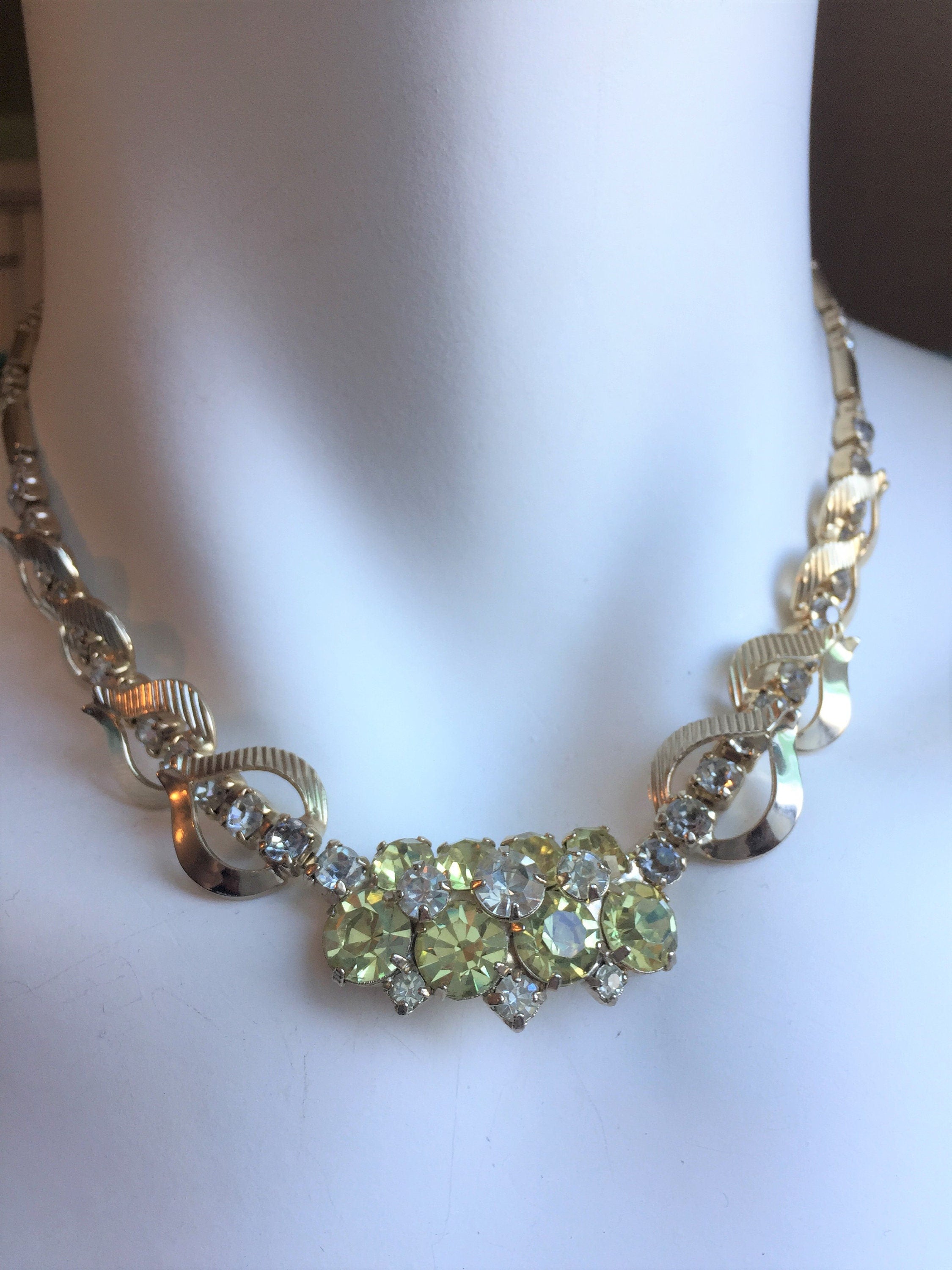 Vintage Sarah Coventry Green Rhinestone Necklace and Earring Set - Vintage, 1950's-60s. - Peppermint-Twist-Vintage.com