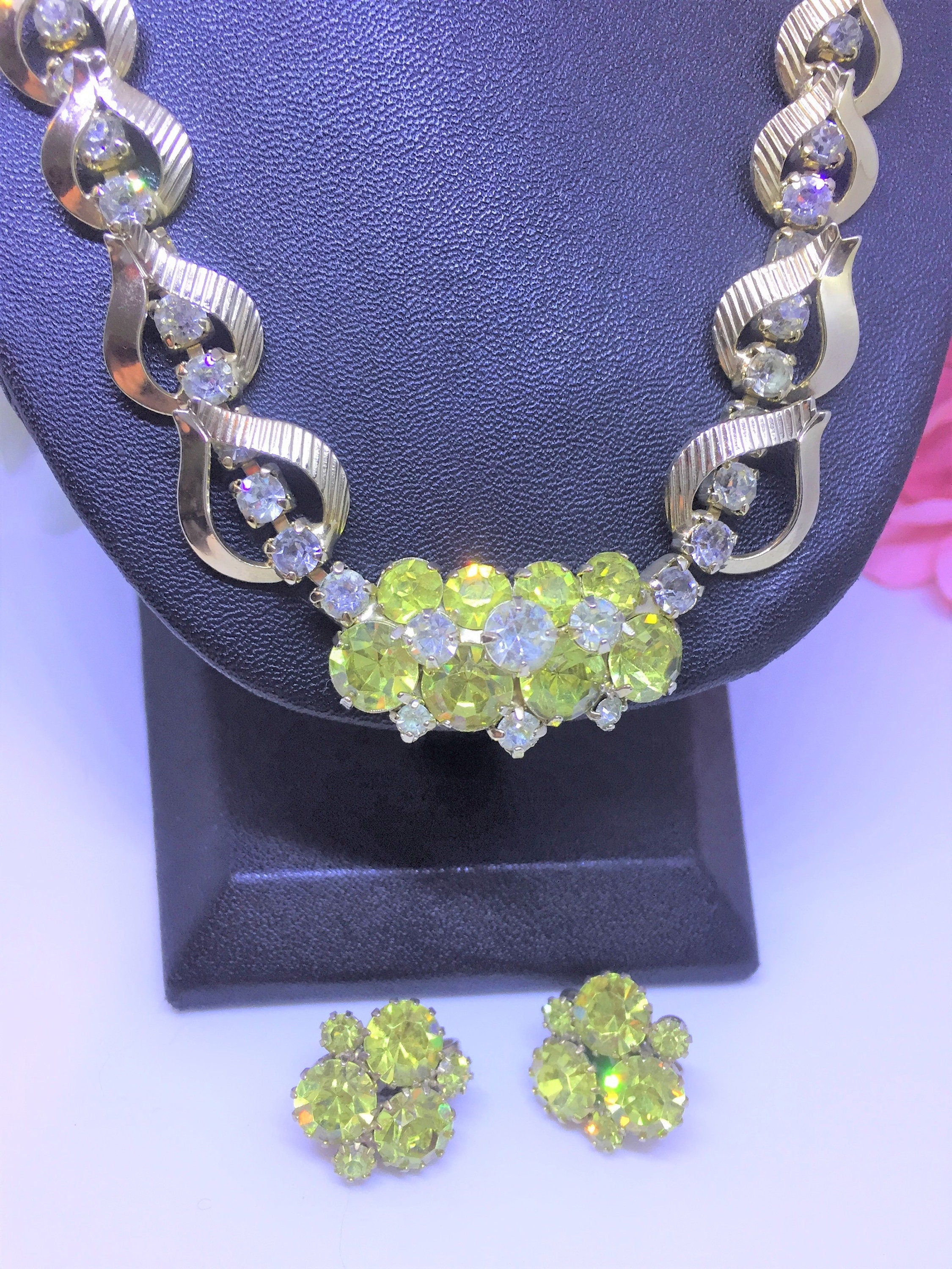 Vintage Sarah Coventry Green Rhinestone Necklace and Earring Set - Vintage, 1950's-60s. - Peppermint-Twist-Vintage.com
