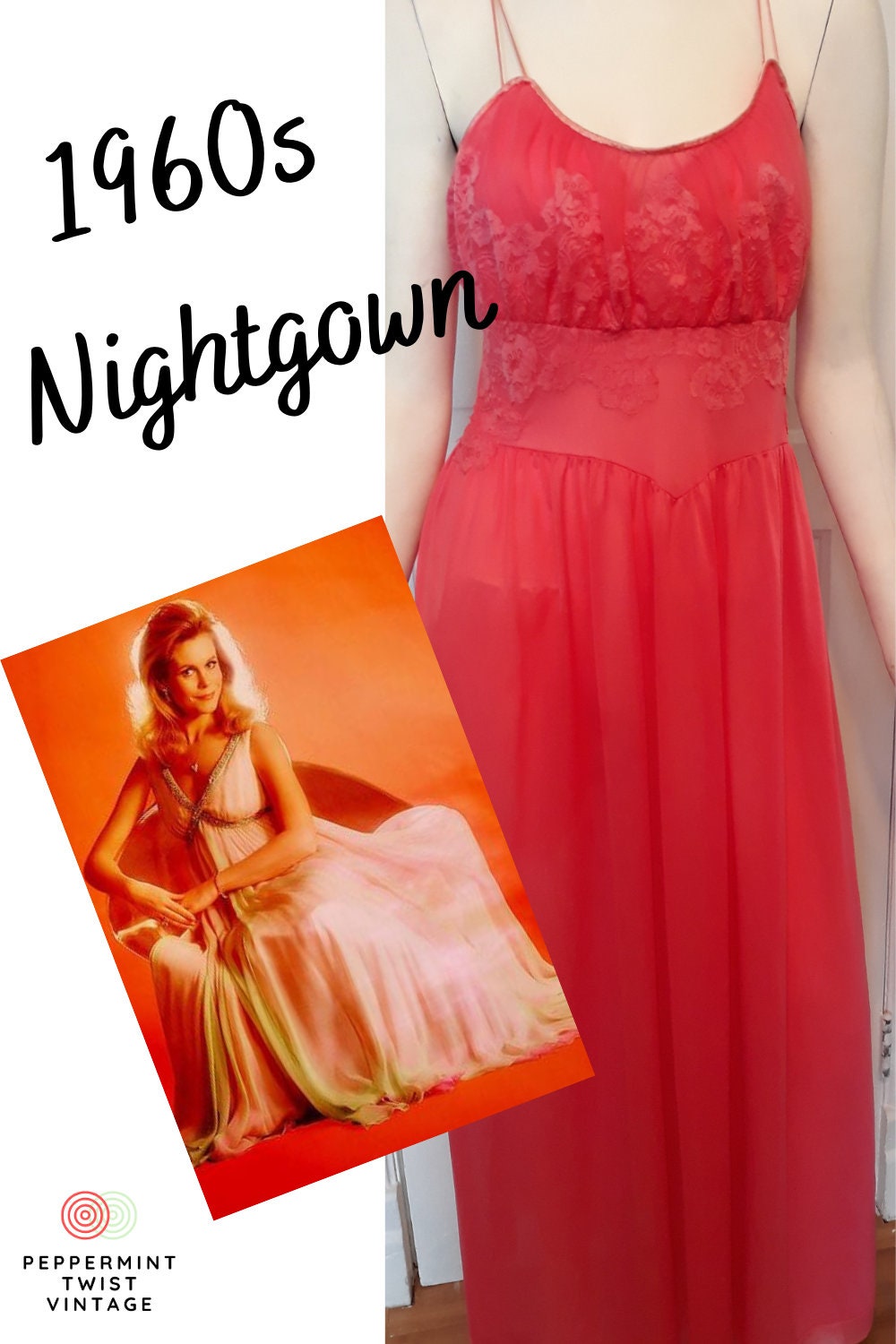 Gorgeous 1960s A Line Evening-Sleepwear Nightgown - Peppermint-Twist-Vintage.com