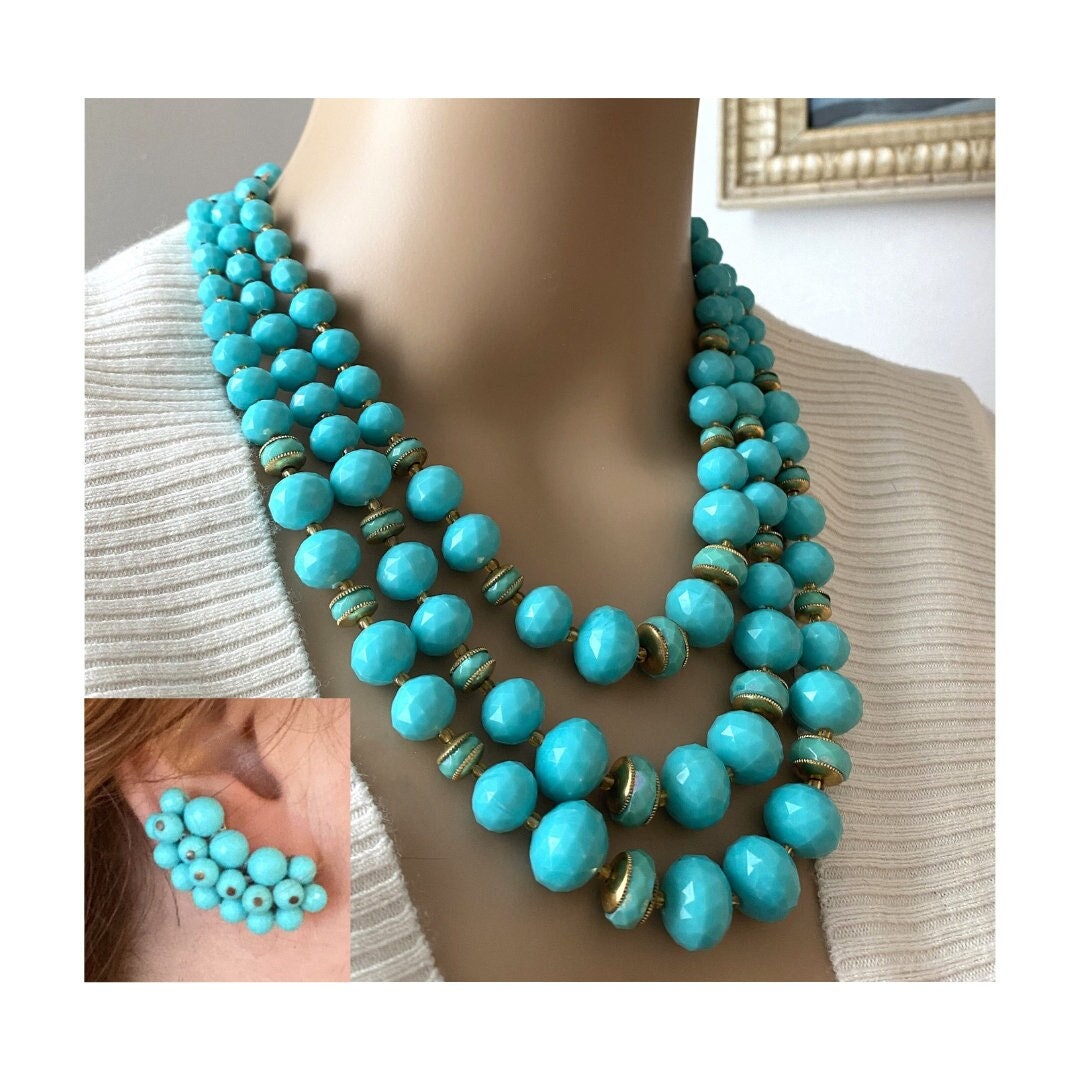 Turquoise Triple Strand Necklace with Matching Earrings Set - 1960s/60s - Teal - WOW - Peppermint-Twist-Vintage.com