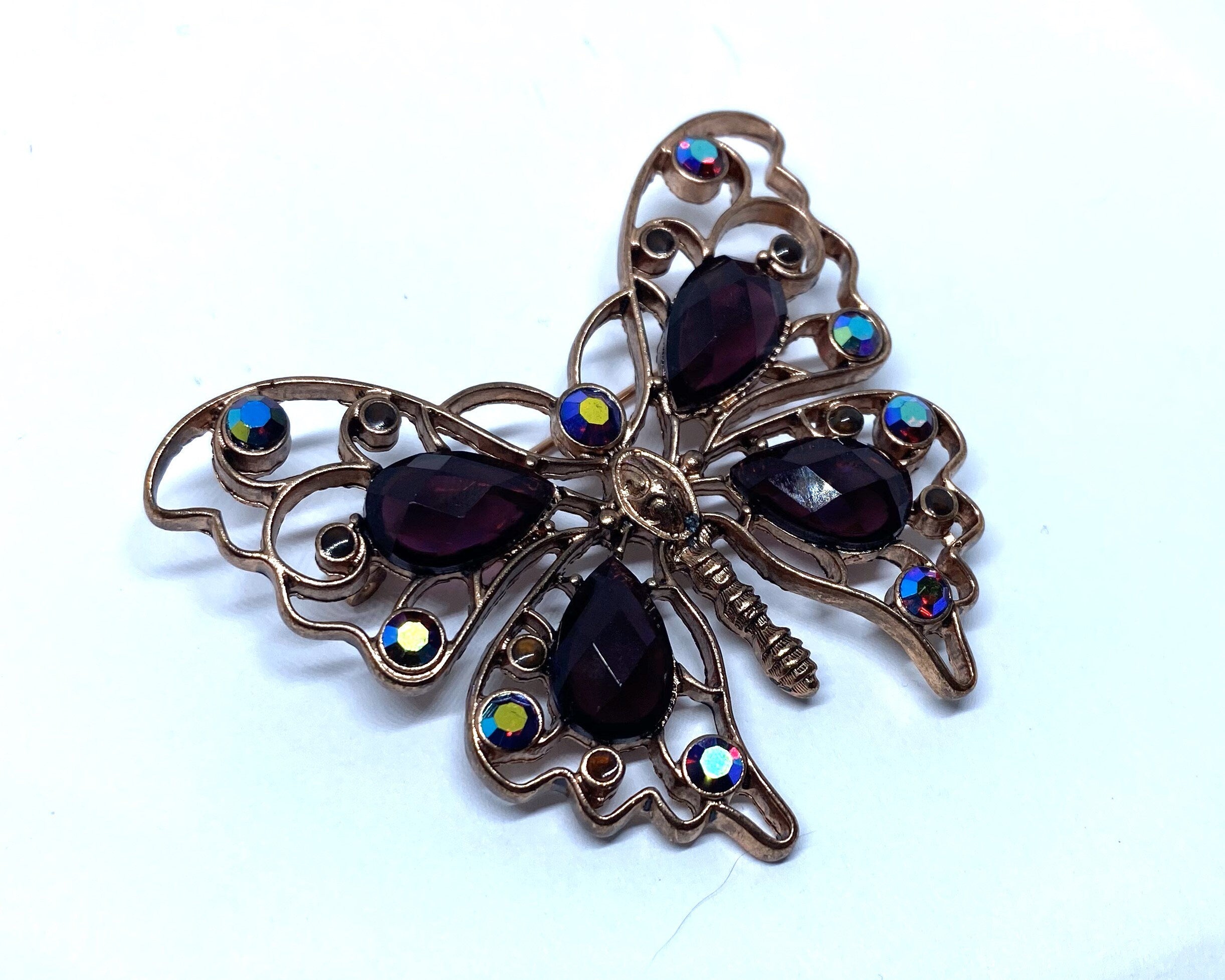 Gorgeous Goldtone Purple Black Rhinestone Butterfly Brooch - STUNNING - Peppermint-Twist-Vintage.com