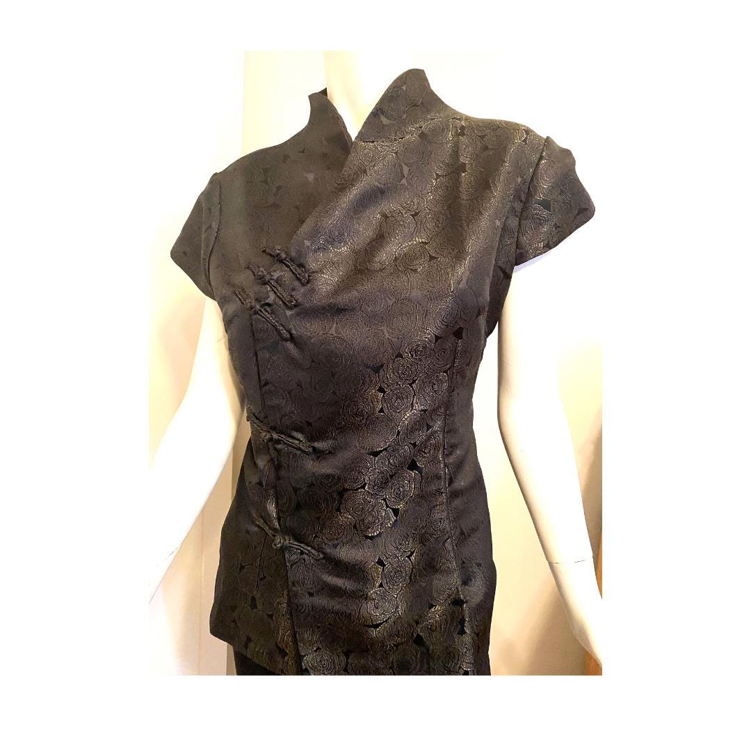 Black Satine Asian Top, XL Bust 38-40, Waist 32 - Peppermint-Twist-Vintage.com