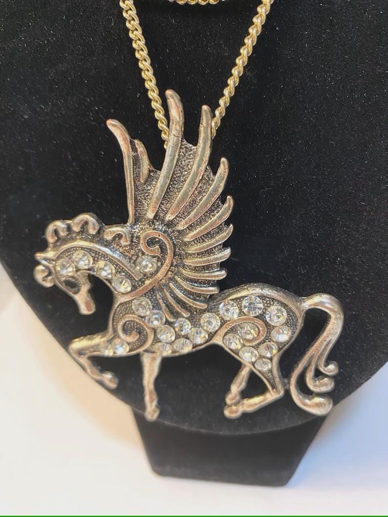 Gorgeous Silvertone and Rhinestone 3’’ Pegasus Pendant and Necklace. 36’’ Chain included, unsigned - Peppermint-Twist-Vintage.com