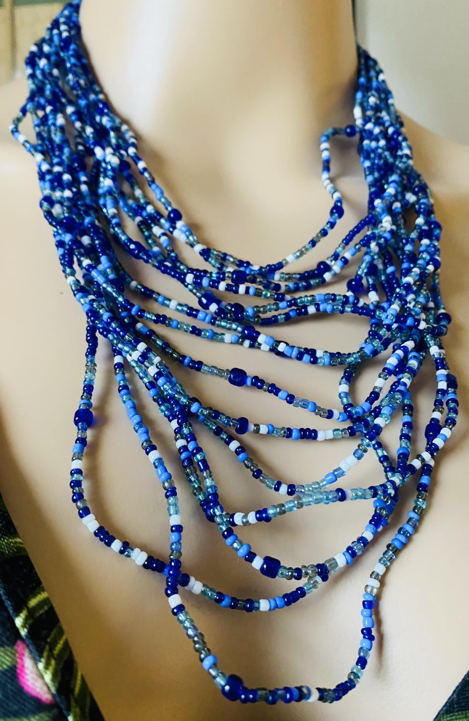AVON Multi-Stand Seed Bead Necklace - BLUE - NEW deadstock, in box 2007 - Peppermint-Twist-Vintage.com