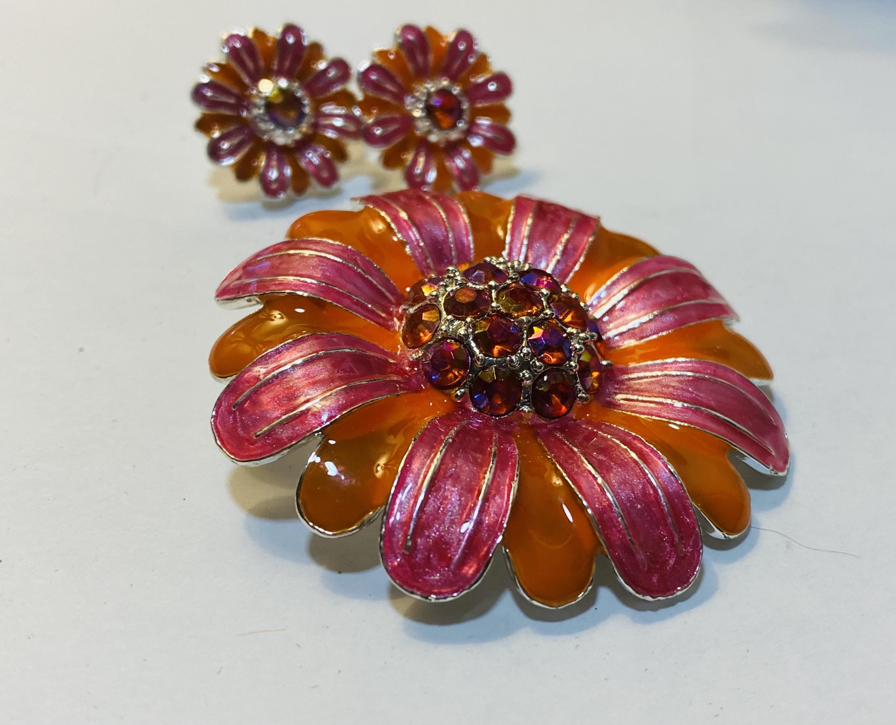 Vintage Avon Orange and Pink, 1970s Brooch and Earring Set, Signed - Peppermint-Twist-Vintage.com