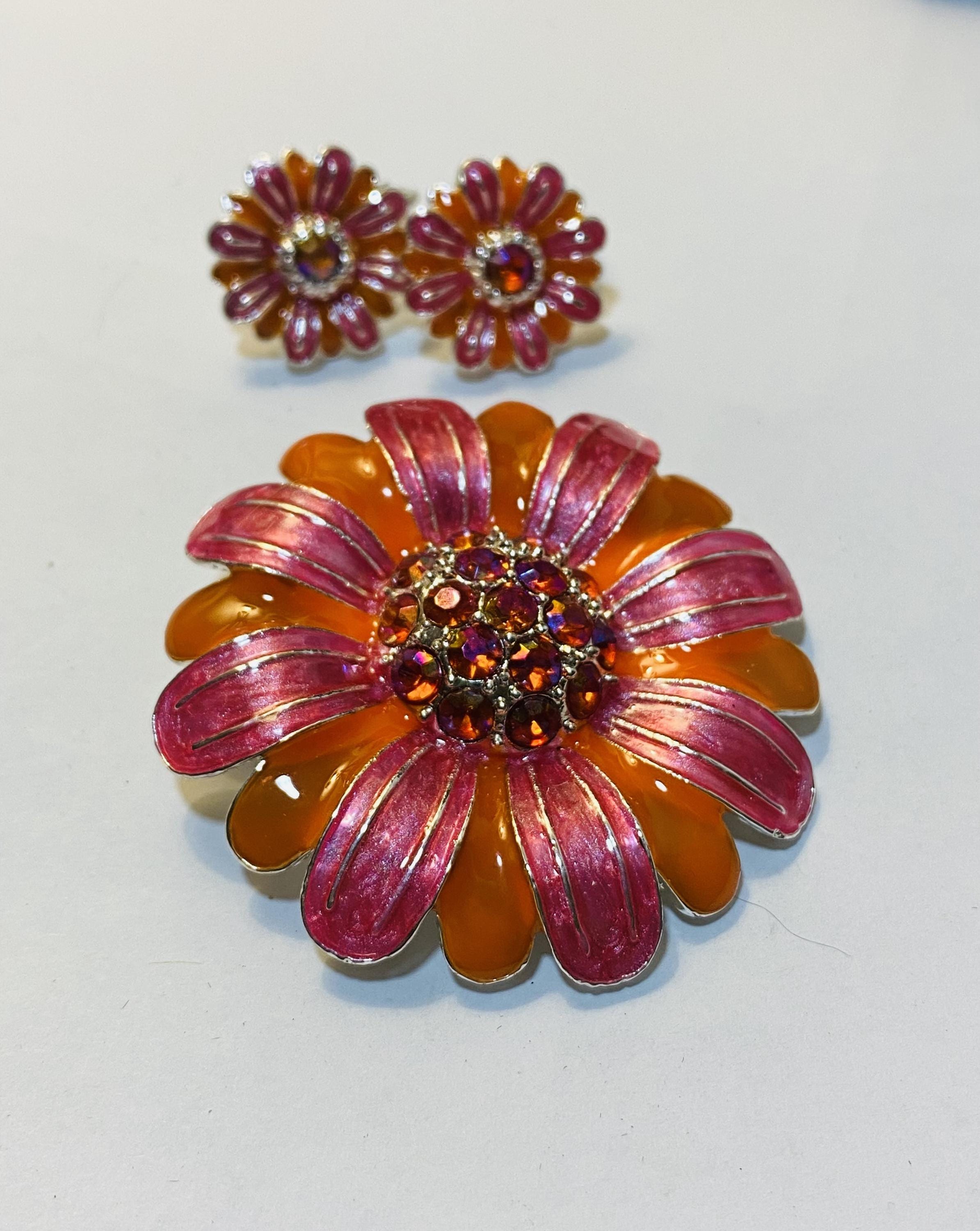 Vintage Avon Orange and Pink, 1970s Brooch and Earring Set, Signed - Peppermint-Twist-Vintage.com