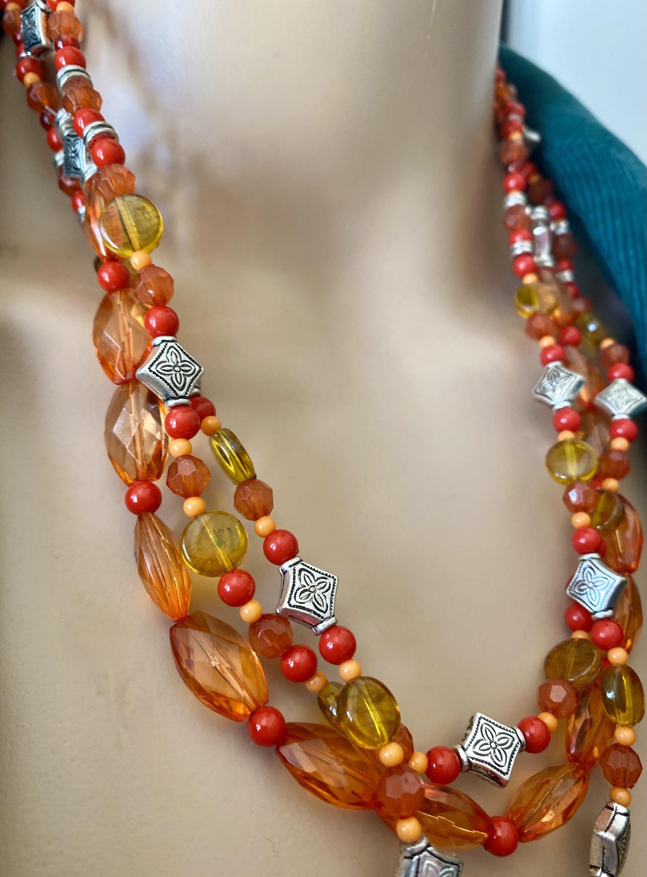 Avon Jewelry Set, Spice Colored Pendant Triple Strand Necklace and Matching Pierced Earring Set, New Old Stock, 2007, in original box - Peppermint-Twist-Vintage.com