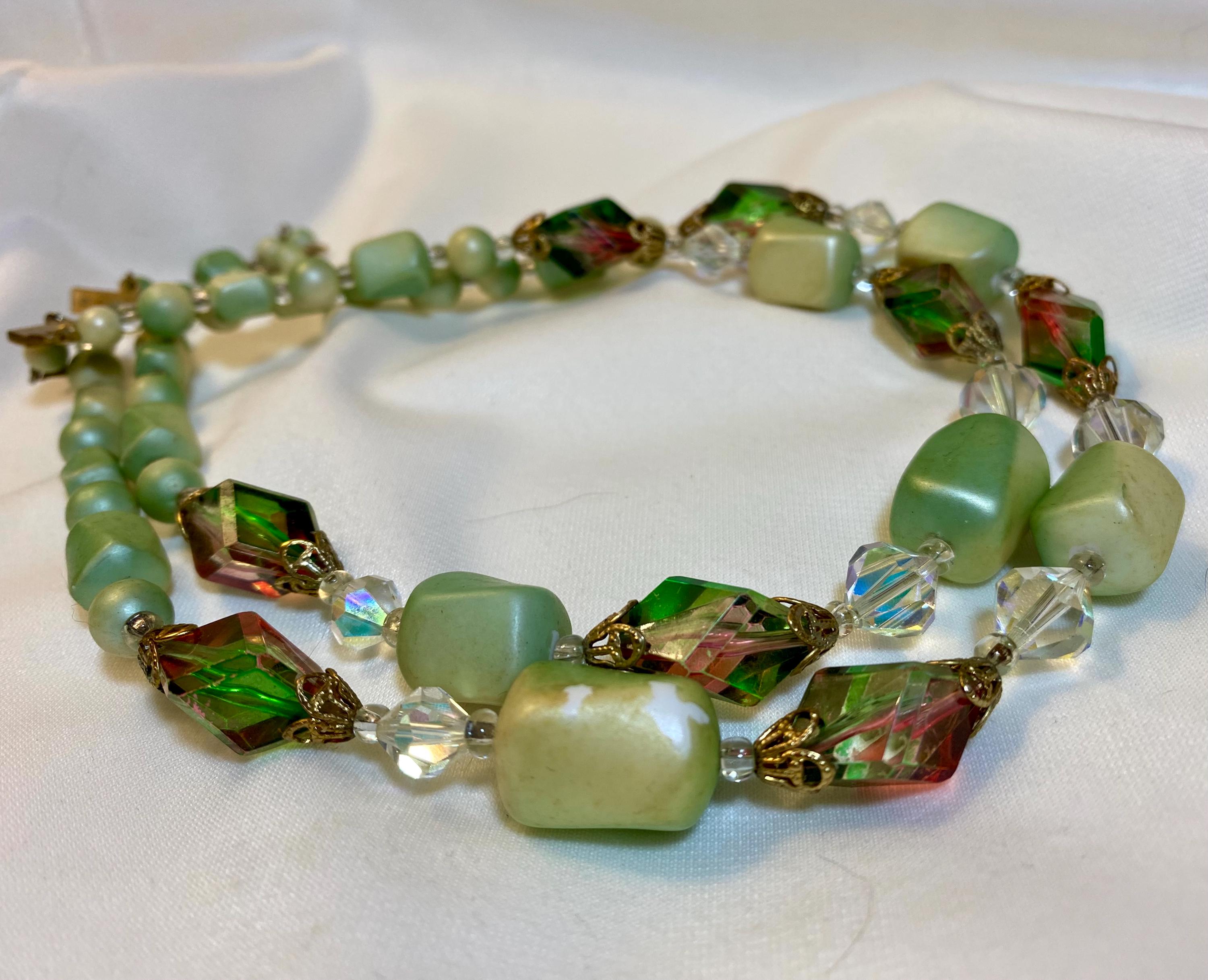 Stunning Vintage Double Strand Green and Multi-shade Lucite and Watermelon Beads Necklace 16" - 17" - Peppermint-Twist-Vintage.com