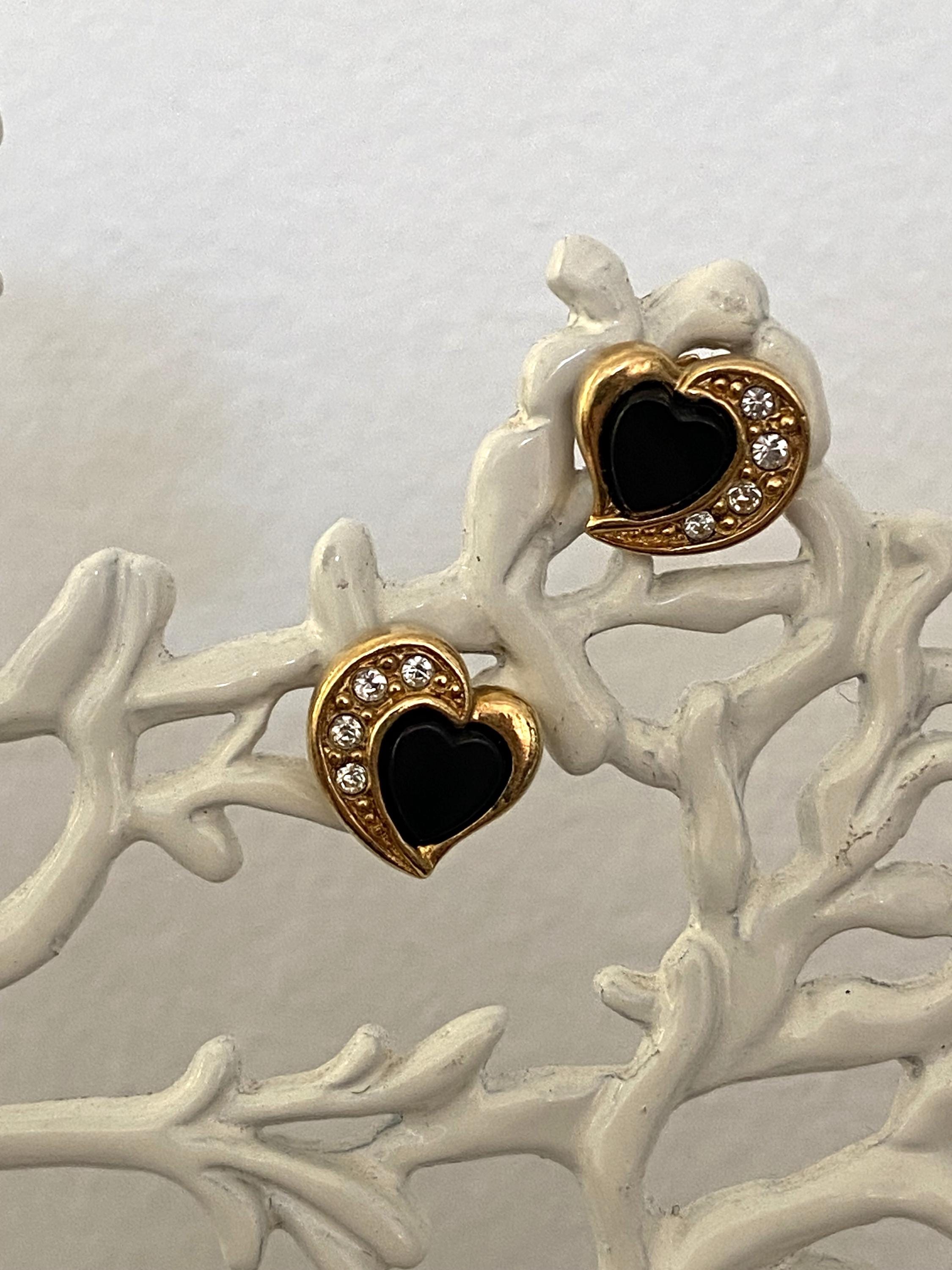 AVON Black Heart and Rhinestone Shaped Earrings, Gold Tone, Signed, In Mint Condition, New Deadstock (never worn) - Peppermint-Twist-Vintage.com