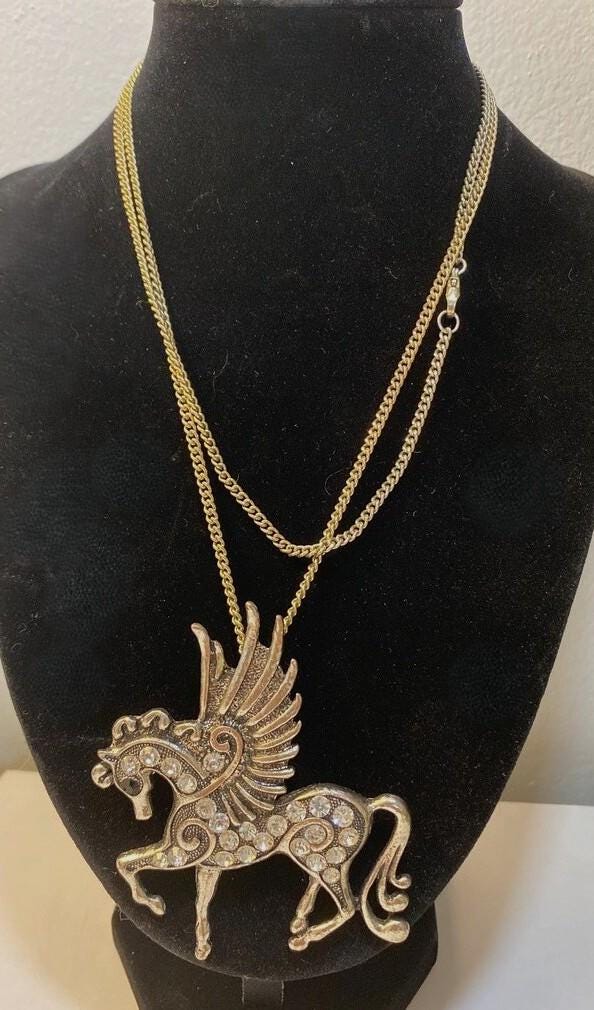 Gorgeous Silvertone and Rhinestone 3’’ Pegasus Pendant and Necklace. 36’’ Chain included, unsigned - Peppermint-Twist-Vintage.com