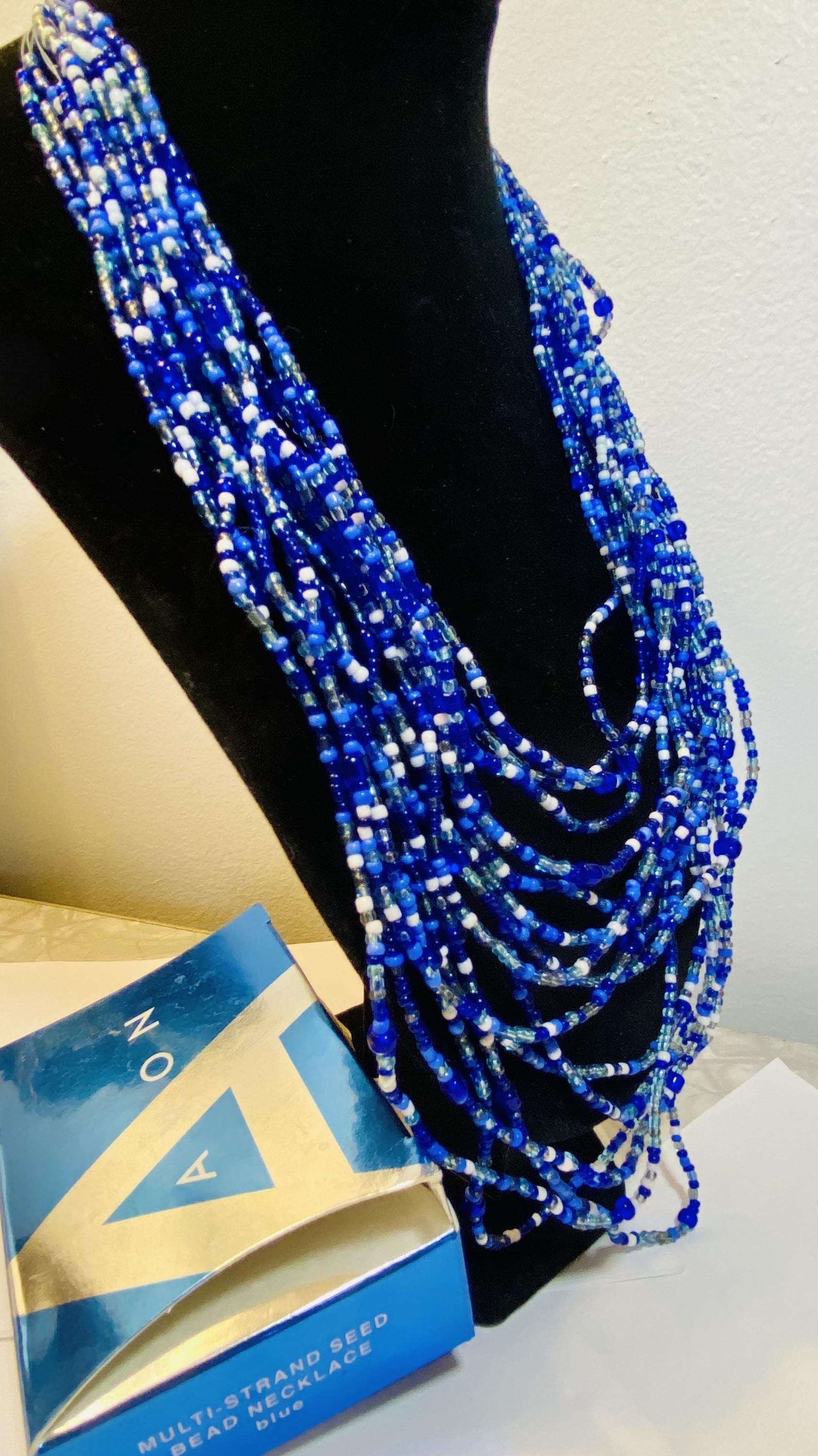 AVON Multi-Stand Seed Bead Necklace - BLUE - NEW deadstock, in box 2007 - Peppermint-Twist-Vintage.com