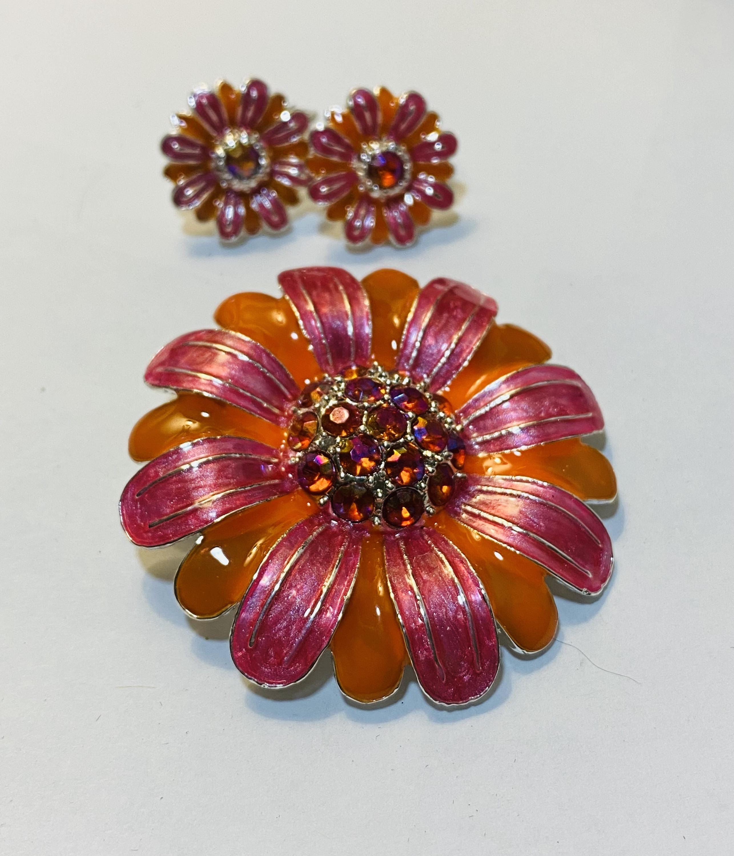 Vintage Avon Orange and Pink, 1970s Brooch and Earring Set, Signed - Peppermint-Twist-Vintage.com