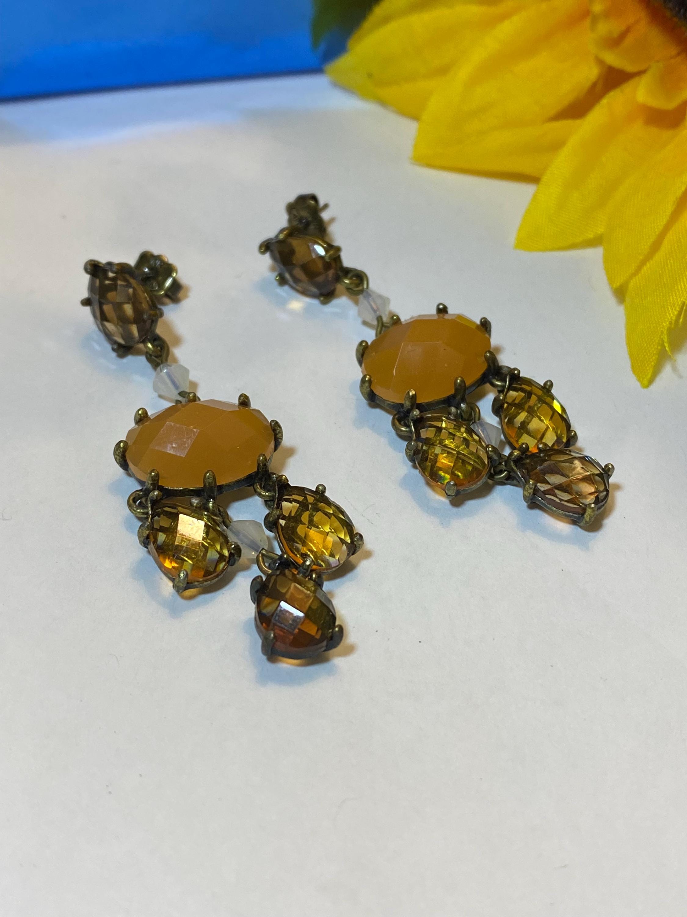 AVON 2008 - Romantic Chandelier Earrings, Faceted Butterscotch Colour, New Old Stock, Never Used - Peppermint-Twist-Vintage.com