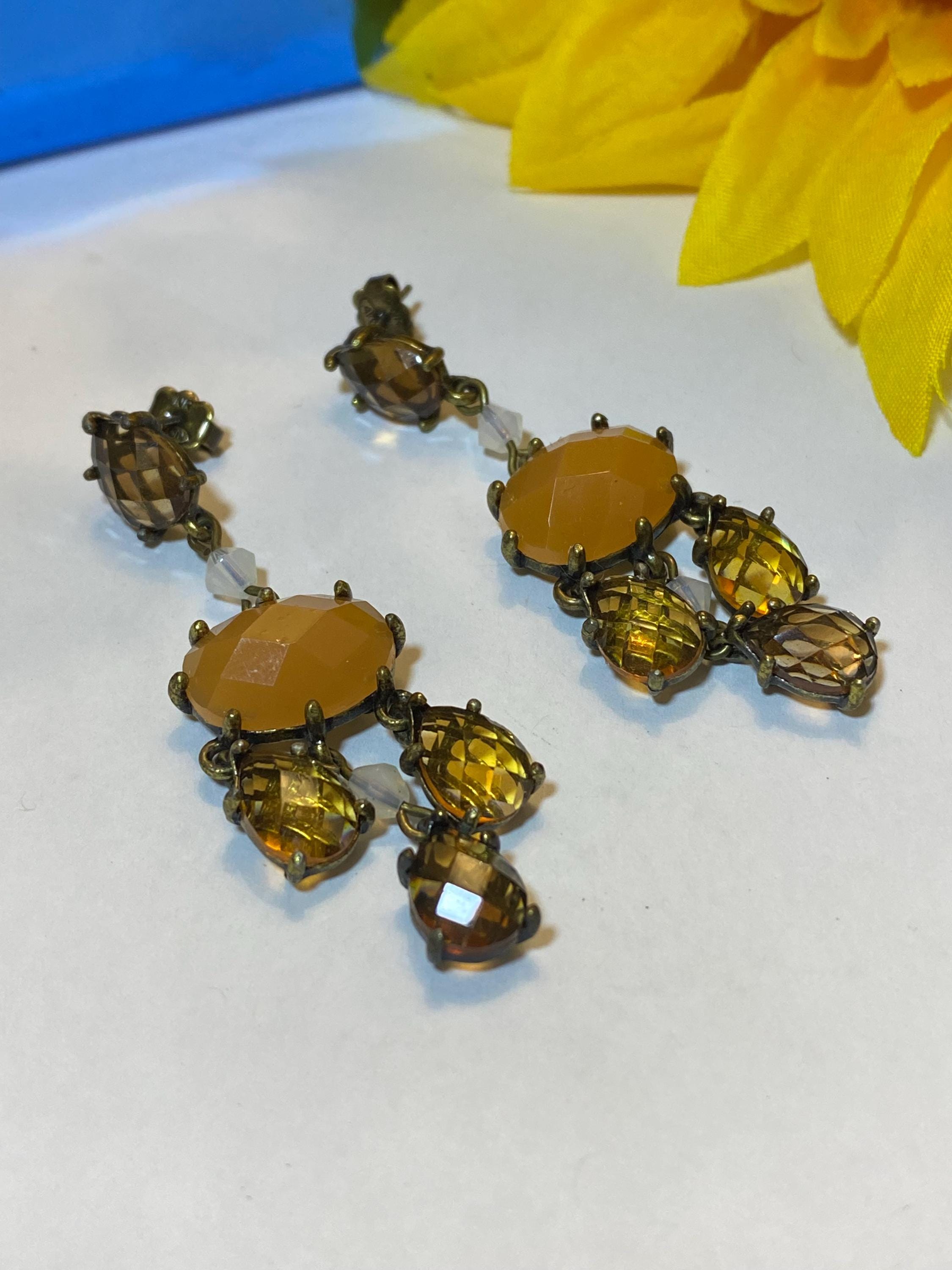 AVON 2008 - Romantic Chandelier Earrings, Faceted Butterscotch Colour, New Old Stock, Never Used - Peppermint-Twist-Vintage.com