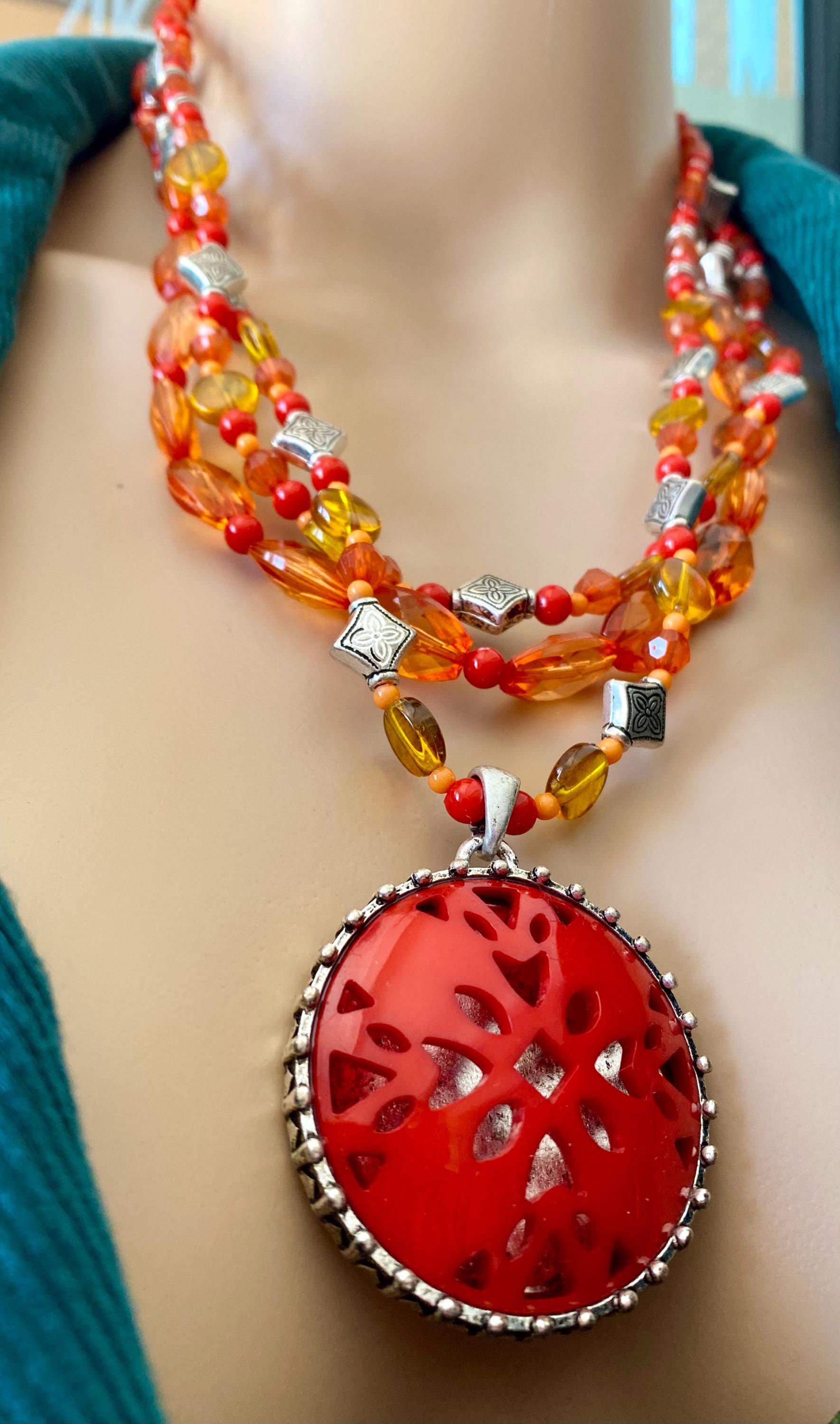 Avon Jewelry Set, Spice Colored Pendant Triple Strand Necklace and Matching Pierced Earring Set, New Old Stock, 2007, in original box - Peppermint-Twist-Vintage.com