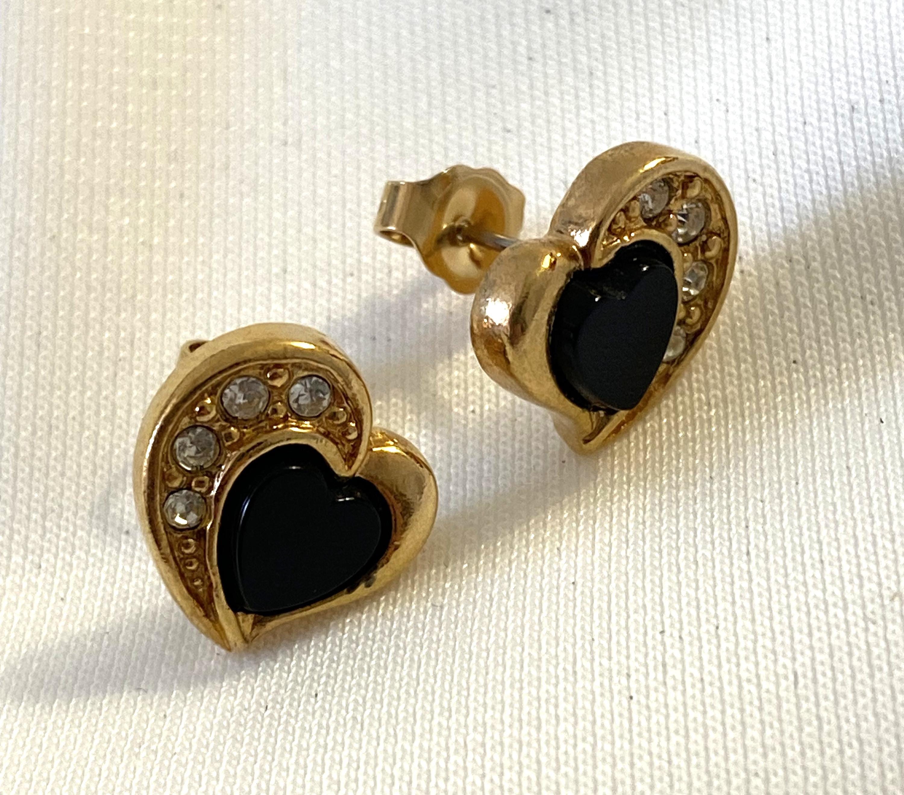 AVON Black Heart and Rhinestone Shaped Earrings, Gold Tone, Signed, In Mint Condition, New Deadstock (never worn) - Peppermint-Twist-Vintage.com