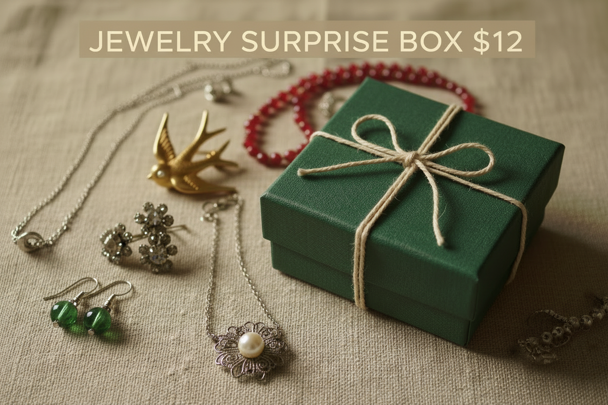 Jewelry Surprise Box $12 with red necklace and vintage font