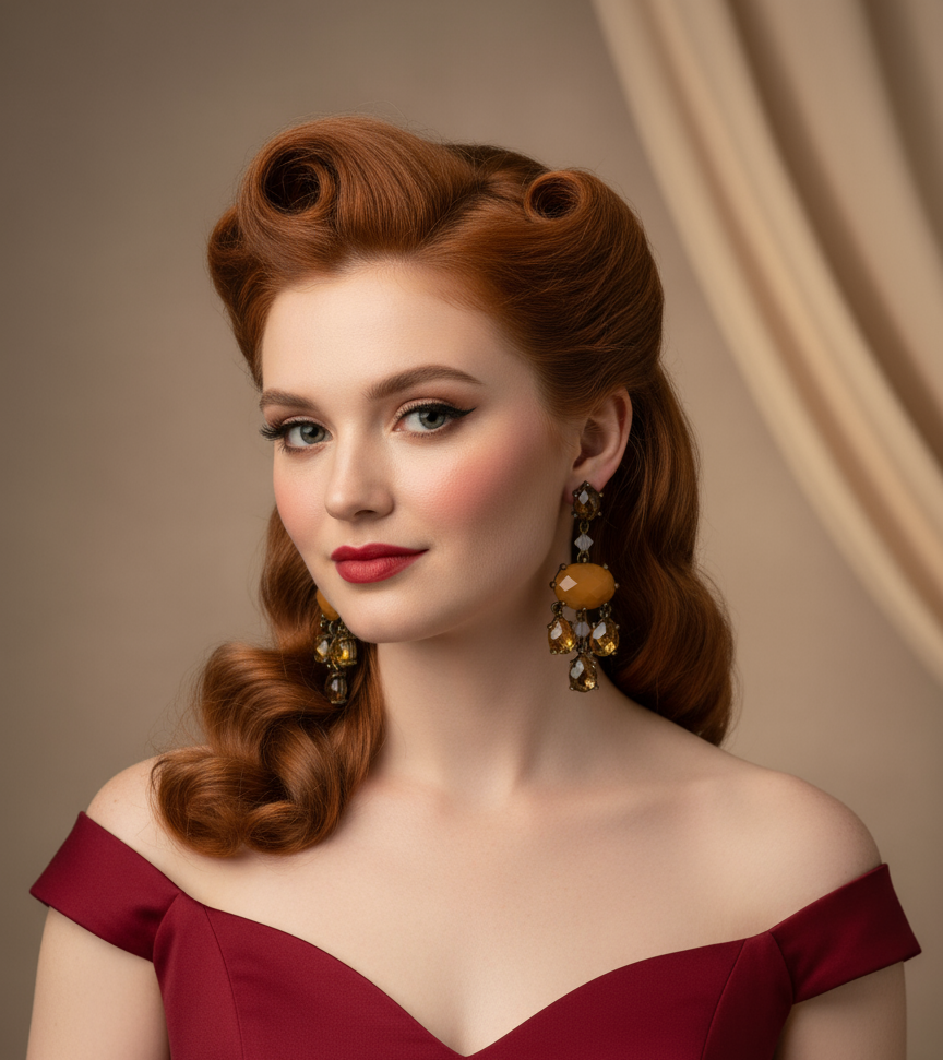 Redhead model with vintage hair wearing butterscotch chandelier earrings