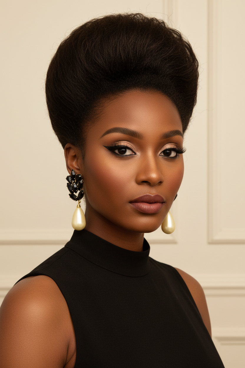 Vintage earrings on 1960s Black model with updo