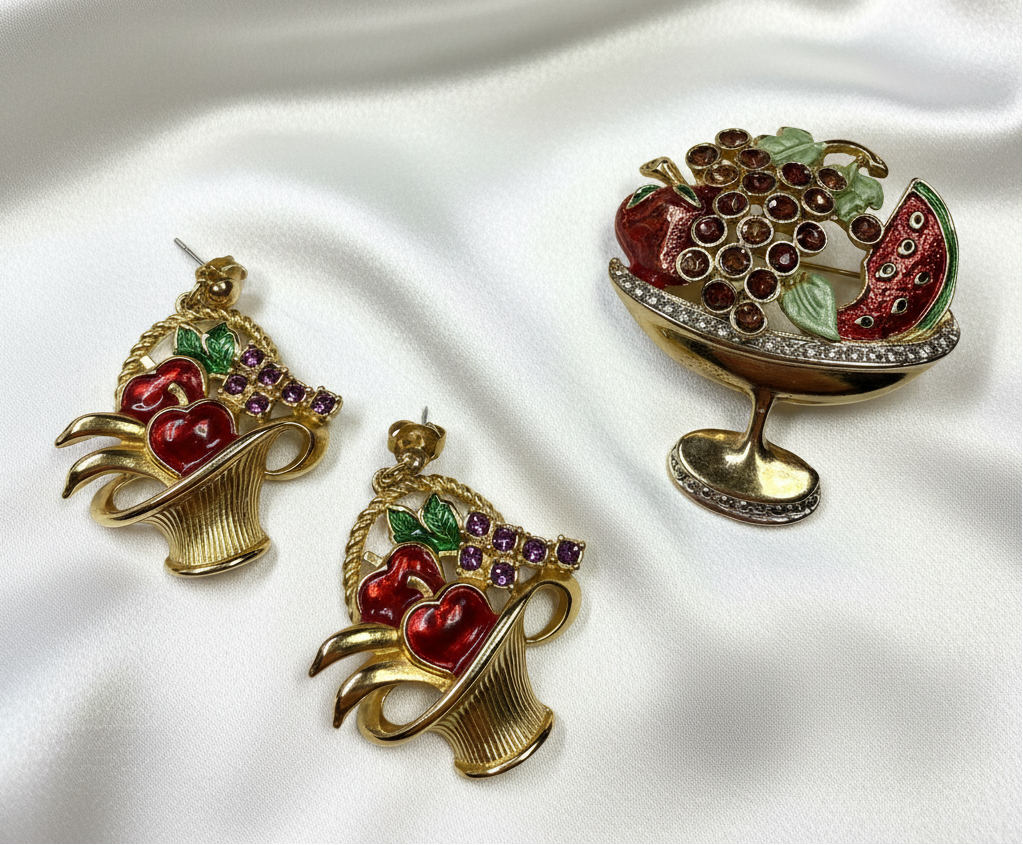 Vintage jewelry set on white silk background