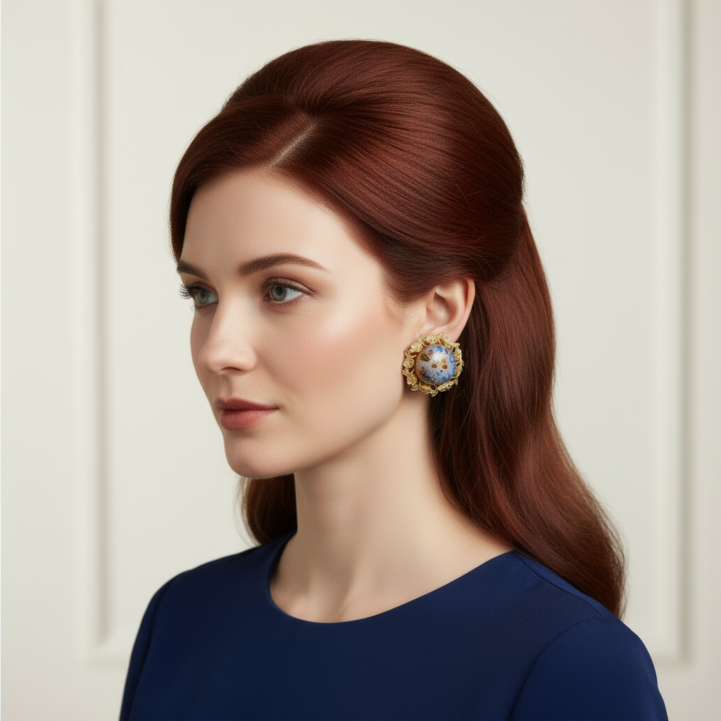 Vintage Millefiori Earrings with 1960s Hairstyle