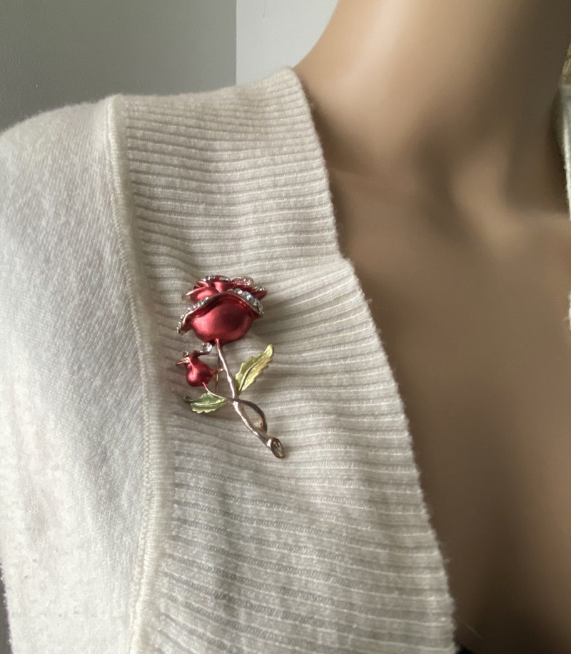 Stunning Rose Brooch, Vintage with Rhinestones