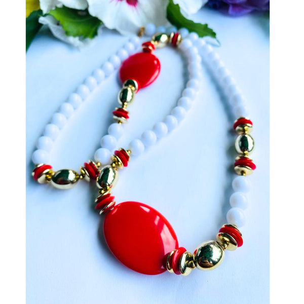 Gorgeous Red, White and Gold Tone Beaded Vintage Necklace 24'' in Length, Unsigned, 1970s