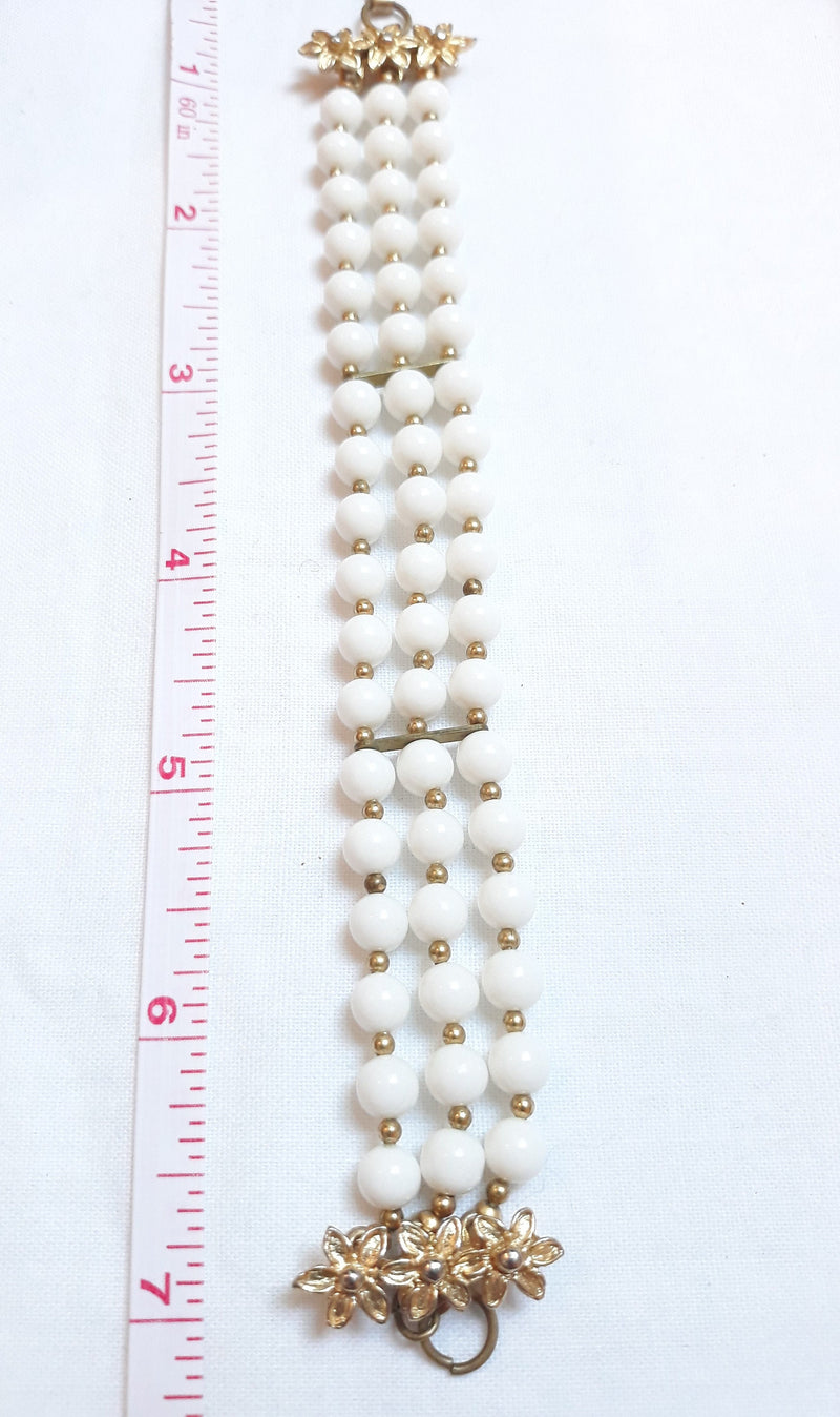 Stunning 1940s, Early 1950s Triple Strand White Beaded Faux Pearl Bracelet with Stunning Gold accents, Mid Century Modern