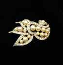 1950s Rhinestone, Pearl and Silver Statement Brooch - Gorgeous Leaf, Swirl Pattern