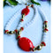 Gorgeous Red, White and Gold Tone Beaded Vintage Necklace 24'' in Length, Unsigned, 1970s