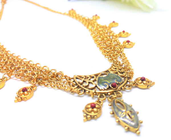 Cleopatra Style Necklace - Goldtone with Red and Gold Beads