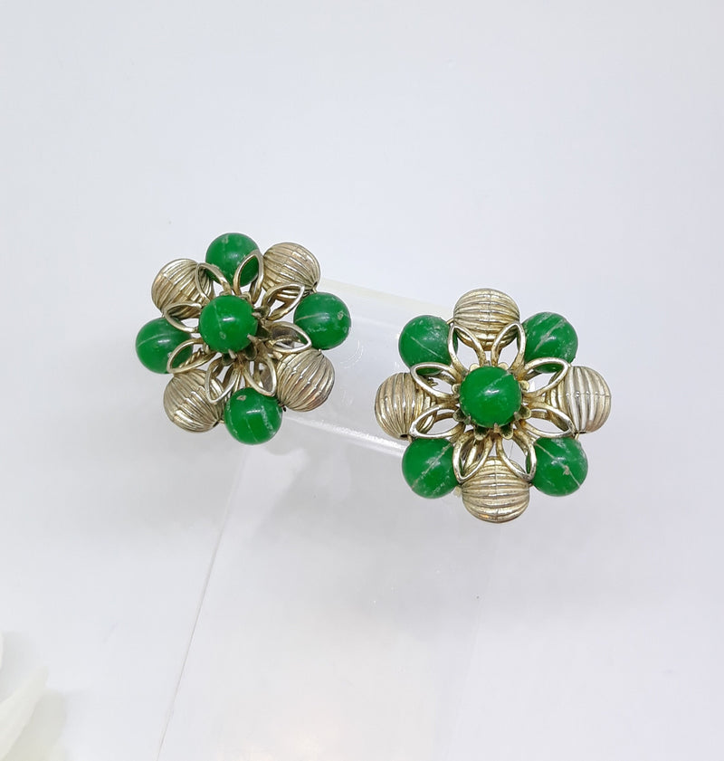 Gorgeous, CORO Signed Green and Gold Starburst Earrings - Clip-on Backing