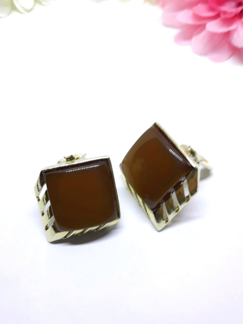 Gorgeous Tan Brown Thermoset Earrings - 1960s Vintage Clip-on + FREE Bracelet