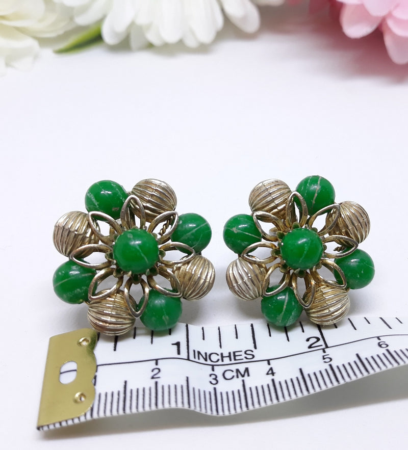 Gorgeous, CORO Signed Green and Gold Starburst Earrings - Clip-on Backing