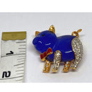 Shiny Blue Pig Brooch - Pin with Gold Trim and Rhinestones - Resin - Super Cute