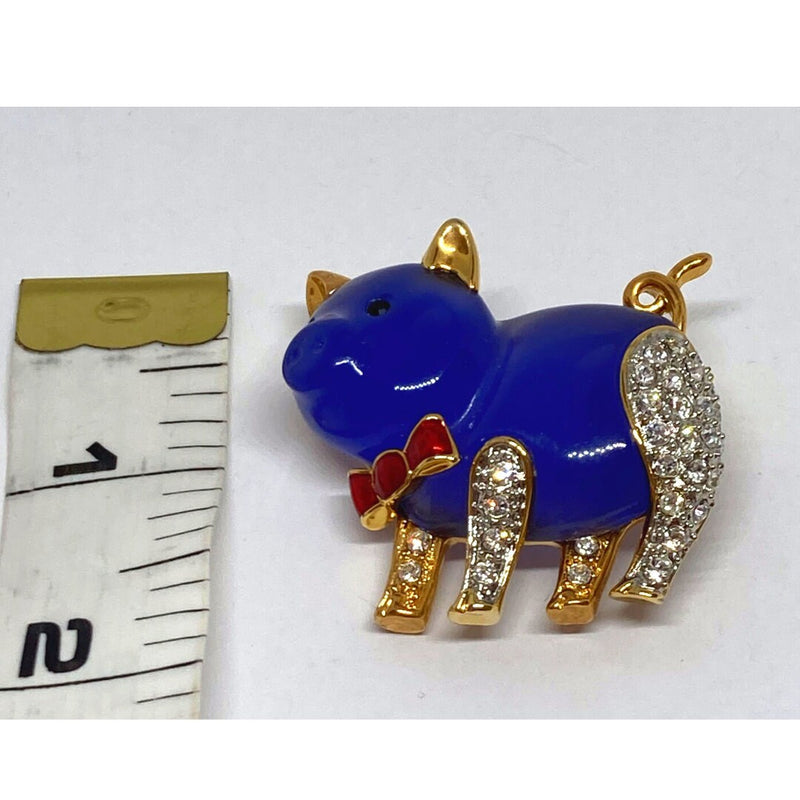 Shiny Blue Pig Brooch - Pin with Gold Trim and Rhinestones - Resin - Super Cute