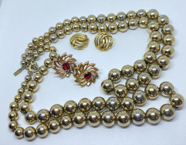 MONET signed Gold Plated Double Strand, Pearl type Necklace with signed Gold Swirl Earrings, 1970s