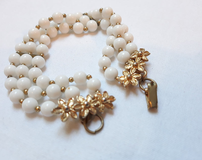 Stunning 1940s, Early 1950s Triple Strand White Beaded Faux Pearl Bracelet with Stunning Gold accents, Mid Century Modern