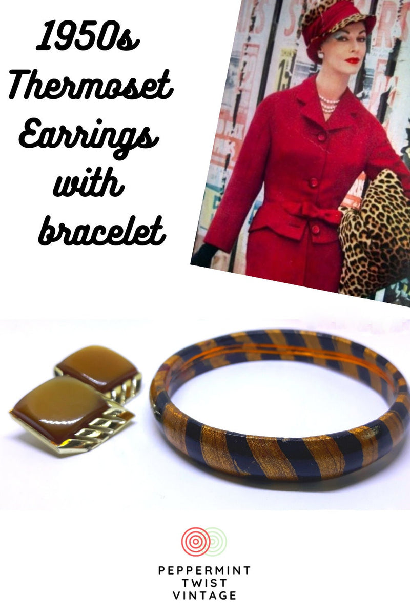 Gorgeous Tan Brown Thermoset Earrings - 1960s Vintage Clip-on + FREE Bracelet