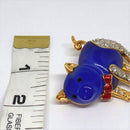 Shiny Blue Pig Brooch - Pin with Gold Trim and Rhinestones - Resin - Super Cute