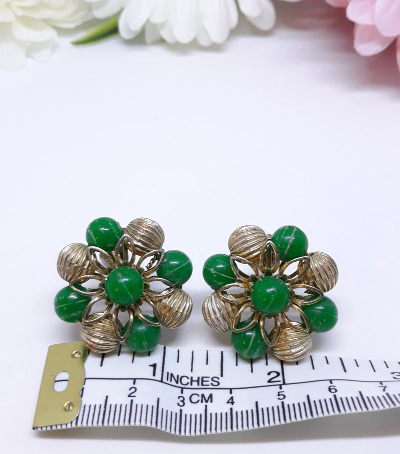 Gorgeous, CORO Signed Green and Gold Starburst Earrings - Clip-on Backing