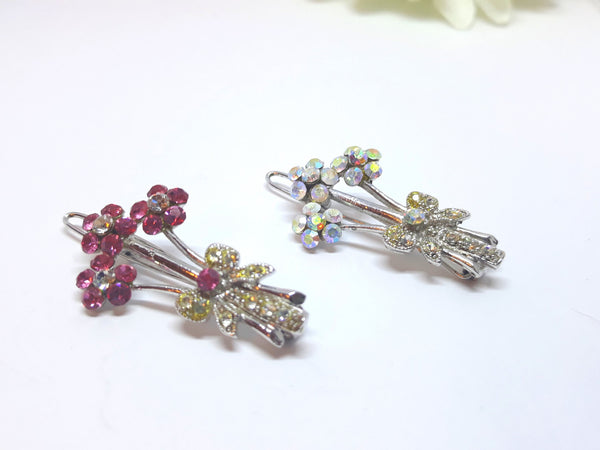 1950s Pair of Floral Bouquet Hair Pins - Rhinestone and Red